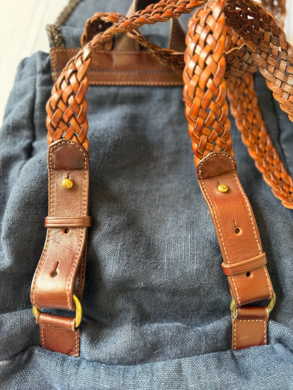 Vintage Banana Republic made in Italy blue texture canvas & leather rucksack